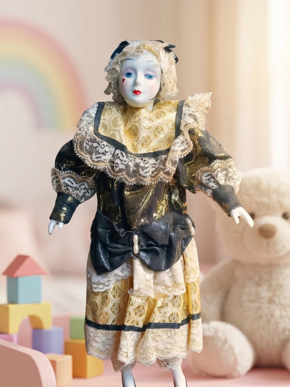 Vintage Pierrot Harlequin Doll Hand-painted Porcelain Face Hands Calves Feet